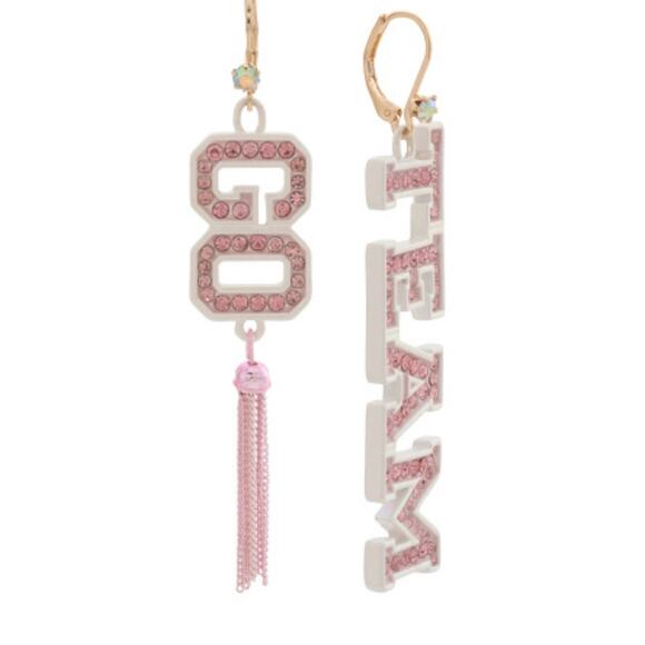 Betsey Johnson‎ Go Team Statement Earrings NWT Gold Tone Pink Crystals - Picture 1 of 1